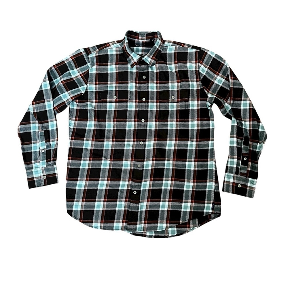 IZOD Men’s Large Plaid Flannel Brown Blue Front Pocket Button Down